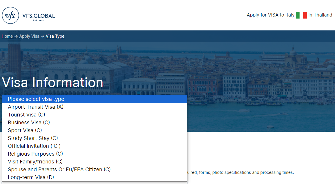 select-visa-types-for-applying-italian-visa-from-thailand-step-1