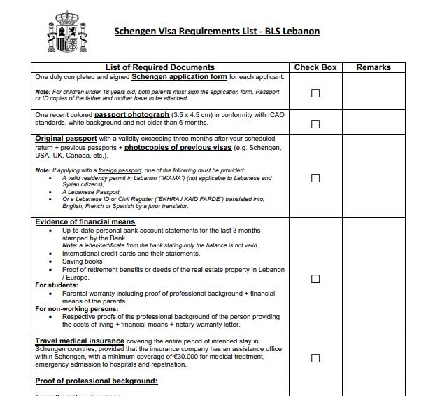 required-documents-for-apply-spanish-schengen-visa-from-lebanon